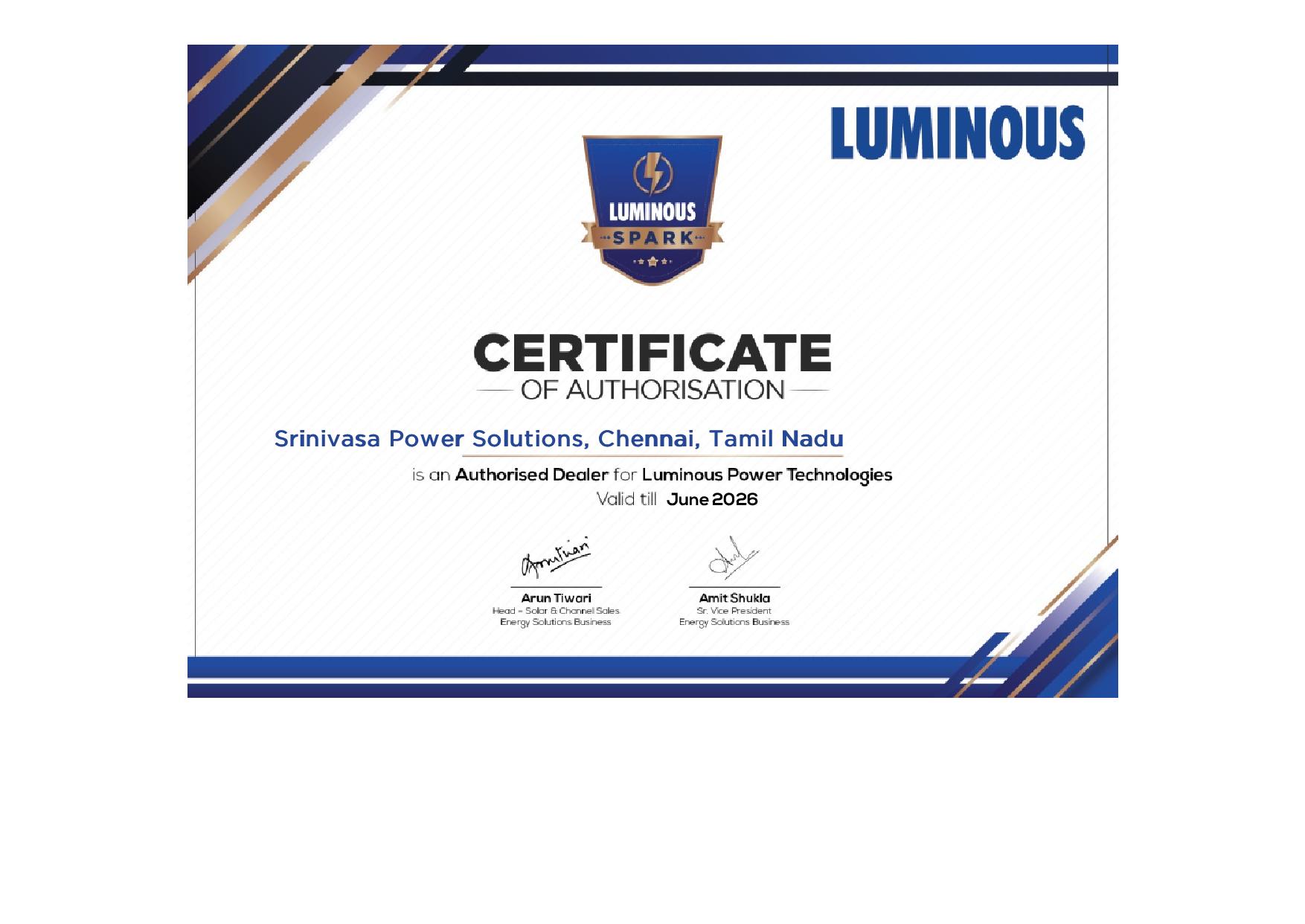 Luminous Authorized Dealer Certificate